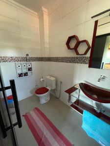 baño con aseo rojo y lavamanos en Casa Lazer&Tranquilidade @lazer.tranquilidade en Brumadinho