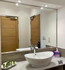 La salle de bains est pourvue d'un lavabo et d'un grand miroir. dans l'établissement The Boutique Hotel, à Faringdon