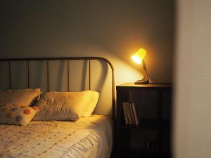 a bedroom with a bed with a lamp on a night stand at Cozy city center apartment in Visaginas