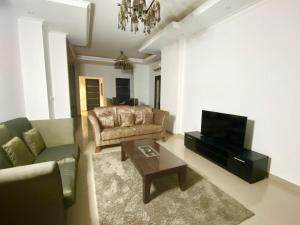 a living room with a couch and a television at Two Bedroom Luxury Apartment in New Cairo in Cairo