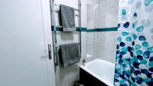 ein Badezimmer mit Dusche, Badewanne und Waschbecken in der Unterkunft Appartement chic proche de Paris, parking inclus in Saint-Maur-des-Fossés