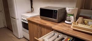 eine Küche mit einer Mikrowelle auf einer Holztheke in der Unterkunft Spark Apartment in Budapest