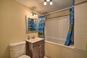 a bathroom with a toilet and a sink and a tub at Danbury Cabin with Wraparound Porch on Lang Lake! in Danbury +30 photos