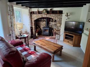 a living room with a stone fireplace and a television at Lane End Cottage in Honiton