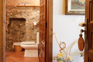 bagno con servizi igienici e parete in pietra di El Molí de Pontons suites con jacuzzi spa a Pontons