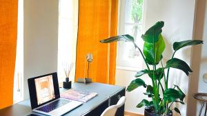 a desk with a laptop and a plant on it at The Gallery in Munich
