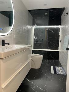 uma casa de banho com um lavatório, WC e um espelho. em The Croft House - 2 Bedroom 1 Bathroom Suite em Burlington