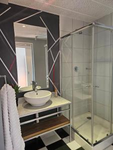 uma casa de banho com um lavatório e uma cabina de duche em vidro. em @Derricks Luxury Apartments 2 em Joanesburgo