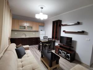 uma sala de estar com um sofá, uma mesa e uma cozinha em Relaxing Getaway em Gjirokastër