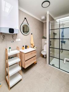 um banheiro com pia, chuveiro e vaso sanitário em Kirabela Apartment em Zagreb