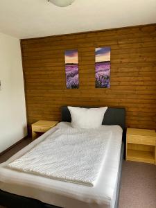 ein Schlafzimmer mit einem Bett mit drei Bildern an der Wand in der Unterkunft Apart Larcher in Arzl im Pitztal