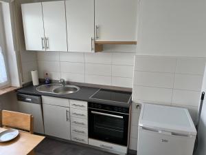 una piccola cucina con armadi bianchi e lavandino di Ferienwohnung in ruhiger Lage a Thurnau