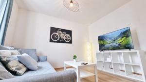 a living room with a couch and a tv at Chez JM - Calme - Chic - Fibre - Relax BNB in Mulhouse