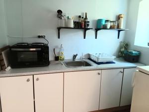 a kitchen counter with a microwave and a sink at Bøelgaarden in Gørding