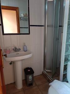 La salle de bains est pourvue d'un lavabo et d'une douche. dans l'établissement Casa Rural Patio Rociero, à El Rocío
