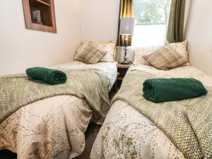 two beds in a room with green pillows on them at Loch Lomond Holiday Home in Arrochar