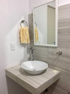ein Badezimmer mit einem weißen Waschbecken und einem Spiegel in der Unterkunft Habitación Privada in Municipio Tulancingo de Bravo
