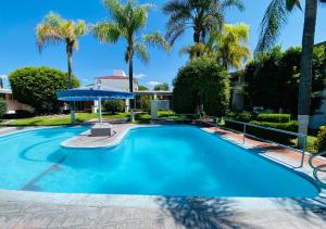 una piscina con palmeras en el fondo en Hotel La Cascada, en Aguascalientes