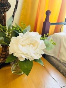 un jarrón con una flor blanca sobre una mesa en Altos del Maria -mountaine views en Sorá