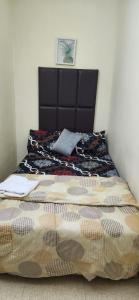 1 dormitorio con 1 cama con cabecero negro en Uniqueland, en Abu Dabi
