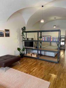 a living room with a bed and a tv at Stylische 2 ZWhg in der Altstadt in Mühldorf