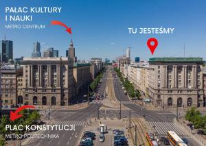 BOHO Widokowy Apartament Piękna Street, Centrum, Klima, WI-FI في وارسو: اطلالة جوية على شارع المدينة مع السيارات