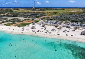 an aerial view of a beach with people in the water at Caribbean Palm Village Resort in Palm-Eagle Beach