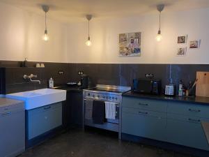 uma cozinha com um lavatório e um fogão forno superior em Artist's Home - Villa & Private Courtyard - 200m2 em Paris