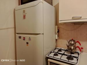 a white refrigerator next to a stove with a tea kettle at Arsel suit in Istanbul