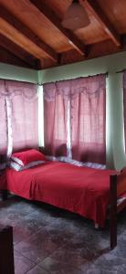 1 dormitorio con cama roja y cortinas rosas en FANTASTICH, en Viña del Mar