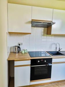 a kitchen with white cabinets and a black stove top oven at Apartament Hubertus in Bochnia