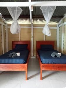 two beds in a room with nets and bags on them at Don Som Riverside Guesthouse in Don Som