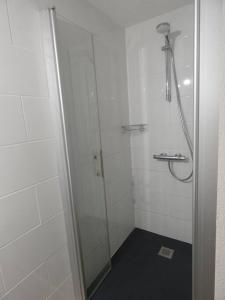 um chuveiro com uma porta de vidro na casa de banho em Appart 4/6 pers La Mongie em Bagnères-de-Bigorre