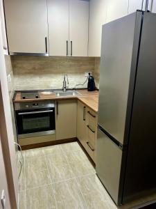 a kitchen with a stainless steel refrigerator and a sink at Juliya Apartment in Kavadarci