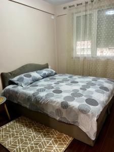 a bed with a comforter and a window in a bedroom at Juliya Apartment in Kavadarci