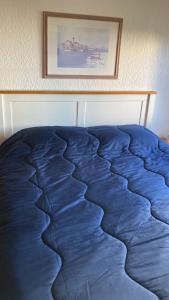 een blauw dekbed op een bed in een slaapkamer bij Apto con parrilla en balcón a 80 de la playa! Con wifi in Punta del Este