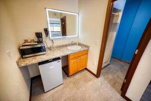 a small bathroom with a sink and a microwave at Budget Inn in The Dalles