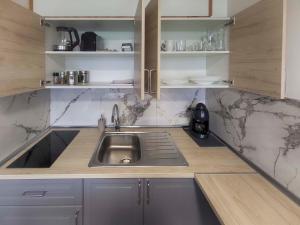 una cocina con fregadero de acero inoxidable y armarios de madera en Cosy Apartment en Tauplitz