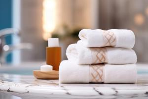 stos ręczników na stole w łazience w obiekcie Tropea Family Rooms - B&B Il Cavallino w Tropei