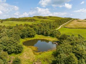 an aerial view of a small pond in a field at The Cheeseloft - Spacious one bed with terrace in Kirkcudbright
