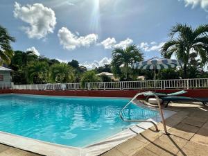 uma piscina com uma cadeira e um guarda-sol em Le 63* em La Trinité