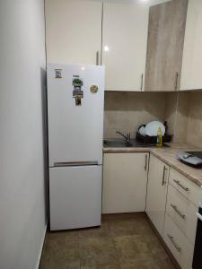 a white refrigerator in a kitchen with white cabinets at Apartman in Mali Mokri Lug