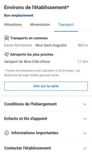 a screenshot of a cell phone screen with a list of items at new private room ,sea view, near airport 5 min, train 3 min and tram on site, beach 7 min, 2 showers and 2 toilets. Neuf , chambre privative, vue mer, proche aéroport 5 min , train 3 min et tramway sur place, plage 7 min, 2 douches et 2 wc. in Nice