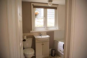 baño con aseo y lavabo y ventana en Lower Hill Cottage w/Swedish Hot Tub en Bodmin