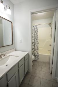 a bathroom with a sink and a toilet and a mirror at Elegant 3 bedroom apt with free parking and balcony in Nashville