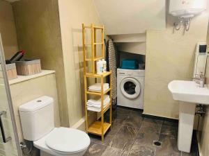 une salle de bain avec toilettes et lavabo et une machine à laver dans l'établissement Louisa's Studio, à Corfou