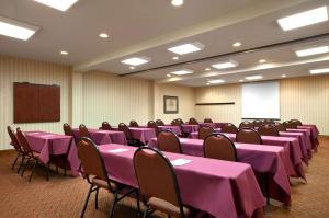 una sala de conferencias con mesas y sillas rosas en Hampton Inn Atlanta-Stockbridge en Stockbridge