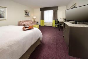 Hampton Inn & Suites - Buffalo Airport في تشيكتاواغا: غرفة فندقية بسرير وتلفزيون بشاشة مسطحة