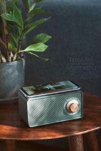a small radio sitting on a table next to a plant at Teika No 1 Apartment in a quiet green area, self check-in in Rīga