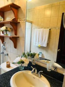 een badkamer met een wastafel en een spiegel bij Luxurious private room with bathroom in mountaine in Sorá